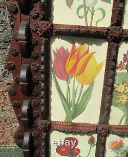 American Folk Tramp Art Carved Wood Picture Frame Antique Botanical Flower Print