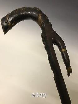 An Antique Carved Polychrome Decorated Carved American Folk Art Animal Cane