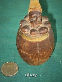 Anique Folk Art Carved Wood & Porcelain Ink Well Clown W /dunce Cap In A Barell