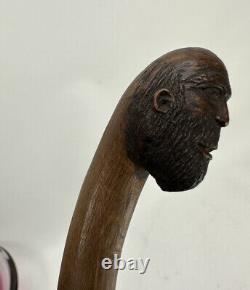 Antiq Folk Art Carved Wood Old Man Mountains Hobo Tramp Face Cane Walking Stick