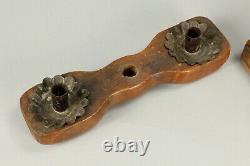 =Antique 1700's Double Floor Candleholder Carved Wood Treenware New England 31