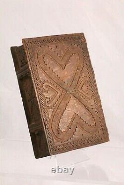 Antique 1789 Wooden Chipped Carved Two Heart Slide Top Box Folk Art