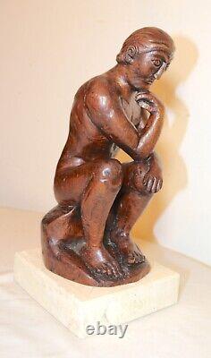 Antique 1800's Folk Art hand carved wood figural thinking man sculpture statue