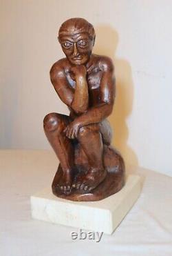 Antique 1800's Folk Art hand carved wood figural thinking man sculpture statue