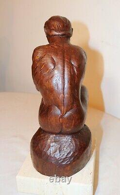 Antique 1800's Folk Art hand carved wood figural thinking man sculpture statue