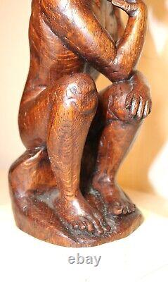 Antique 1800's Folk Art hand carved wood figural thinking man sculpture statue