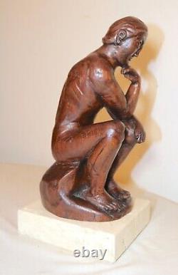 Antique 1800's Folk Art hand carved wood figural thinking man sculpture statue