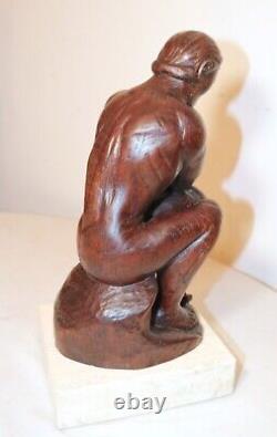 Antique 1800's Folk Art hand carved wood figural thinking man sculpture statue