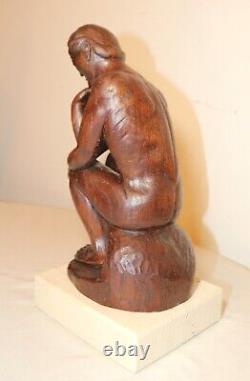 Antique 1800's Folk Art hand carved wood figural thinking man sculpture statue