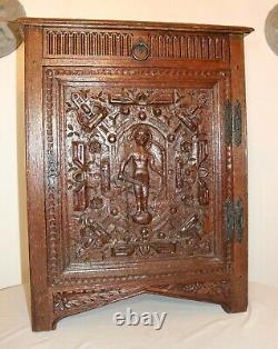 Antique 1800's hand carved wood iron Jacobean figural floor cabinet Folk Art