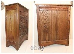 Antique 1800's hand carved wood iron Jacobean figural floor cabinet Folk Art