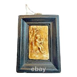 Antique 1800s Hand Carved Wax Plaque Boy Playing Instrument Folk Art Relief