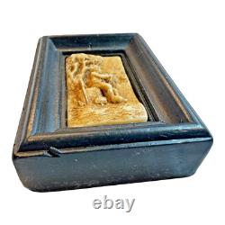 Antique 1800s Hand Carved Wax Plaque Boy Playing Instrument Folk Art Relief