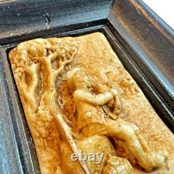 Antique 1800s Hand Carved Wax Plaque Boy Playing Instrument Folk Art Relief