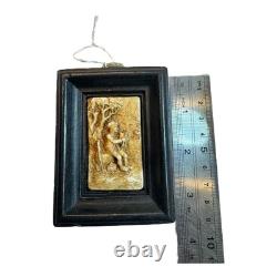 Antique 1800s Hand Carved Wax Plaque Boy Playing Instrument Folk Art Relief