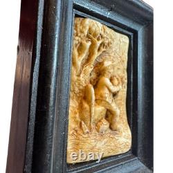 Antique 1800s Hand Carved Wax Plaque Boy Playing Instrument Folk Art Relief