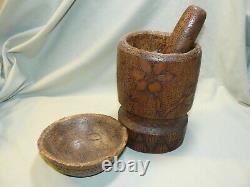 Antique 1842 Folk Art Carved Mortar & Pestle and Low Bowl