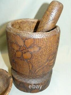 Antique 1842 Folk Art Carved Mortar & Pestle and Low Bowl