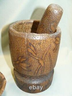 Antique 1842 Folk Art Carved Mortar & Pestle and Low Bowl