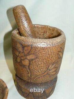 Antique 1842 Folk Art Carved Mortar & Pestle and Low Bowl