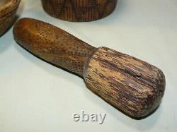 Antique 1842 Folk Art Carved Mortar & Pestle and Low Bowl