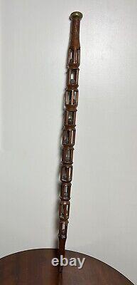 Antique 1885 Hand Carved Ball In Cage Cane Walking Stick Folk Art Signed LSM 35