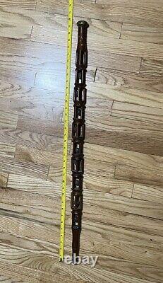 Antique 1885 Hand Carved Ball In Cage Cane Walking Stick Folk Art Signed LSM 35