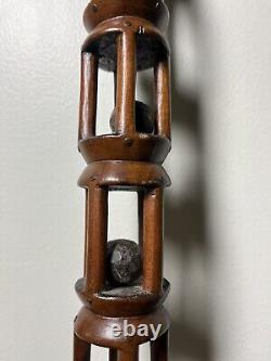 Antique 1885 Hand Carved Ball In Cage Cane Walking Stick Folk Art Signed LSM 35