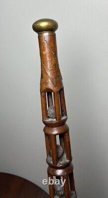 Antique 1885 Hand Carved Ball In Cage Cane Walking Stick Folk Art Signed LSM 35