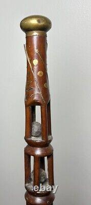 Antique 1885 Hand Carved Ball In Cage Cane Walking Stick Folk Art Signed LSM 35