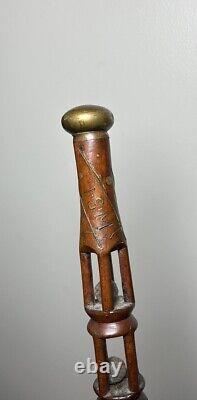 Antique 1885 Hand Carved Ball In Cage Cane Walking Stick Folk Art Signed LSM 35