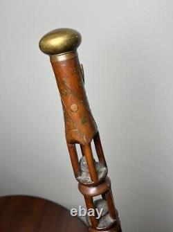 Antique 1885 Hand Carved Ball In Cage Cane Walking Stick Folk Art Signed LSM 35
