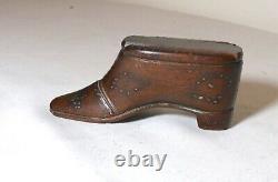 Antique 18th century hand carved French wood Folk Art shoe snuff trinket box