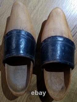 Antique 1918 Folk Hand Carved Wooden Leather Clogs Shoes France Inscribed Girls