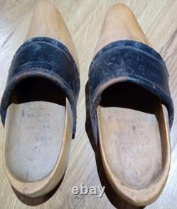 Antique 1918 Folk Hand Carved Wooden Leather Clogs Shoes France Inscribed Girls