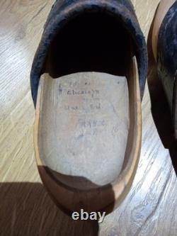 Antique 1918 Folk Hand Carved Wooden Leather Clogs Shoes France Inscribed Girls