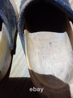 Antique 1918 Folk Hand Carved Wooden Leather Clogs Shoes France Inscribed Girls