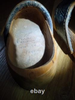 Antique 1918 Folk Hand Carved Wooden Leather Clogs Shoes France Inscribed Girls