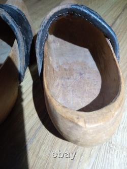 Antique 1918 Folk Hand Carved Wooden Leather Clogs Shoes France Inscribed Girls