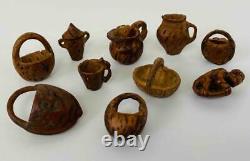 Antique 19thC Civil War 10pcs Carved Peach Pit Miniature Basket Folk Trench Art