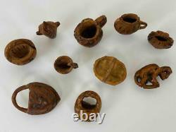 Antique 19thC Civil War 10pcs Carved Peach Pit Miniature Basket Folk Trench Art