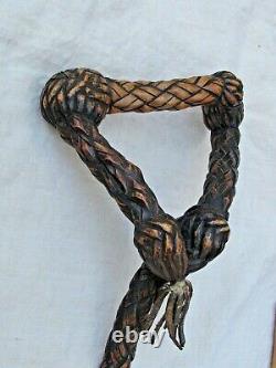 Antique 19th Century Folk Art Carved Crooked Wood Walking Stick by Dell Davis