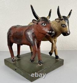 Antique 19th Century Folk Art Carved Wood Painted Cows Bulls Sculpture Americana