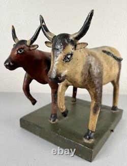 Antique 19th Century Folk Art Carved Wood Painted Cows Bulls Sculpture Americana