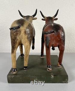 Antique 19th Century Folk Art Carved Wood Painted Cows Bulls Sculpture Americana