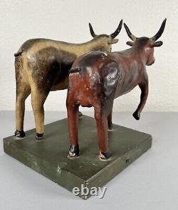 Antique 19th Century Folk Art Carved Wood Painted Cows Bulls Sculpture Americana