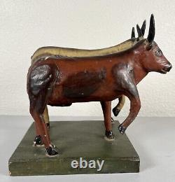 Antique 19th Century Folk Art Carved Wood Painted Cows Bulls Sculpture Americana