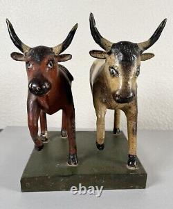 Antique 19th Century Folk Art Carved Wood Painted Cows Bulls Sculpture Americana