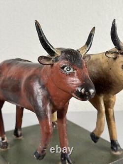 Antique 19th Century Folk Art Carved Wood Painted Cows Bulls Sculpture Americana