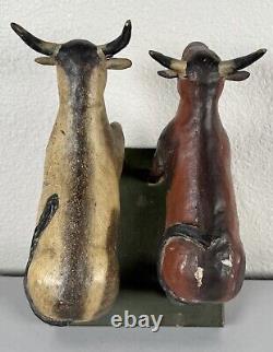 Antique 19th Century Folk Art Carved Wood Painted Cows Bulls Sculpture Americana